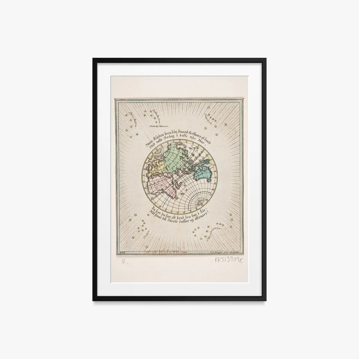 Mappa del Mondo con Poesie - Oluf Olufsen Bagge, opera di Oluf Olufsen Bagge (Illustrazione), stampa con passepartout e cornice nera, 60x85cm