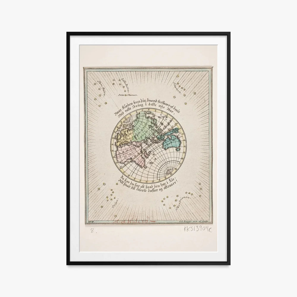 Mappa del Mondo con Poesie - Oluf Olufsen Bagge, opera di Oluf Olufsen Bagge (Illustrazione), stampa con passepartout e cornice nera, 80x115cm
