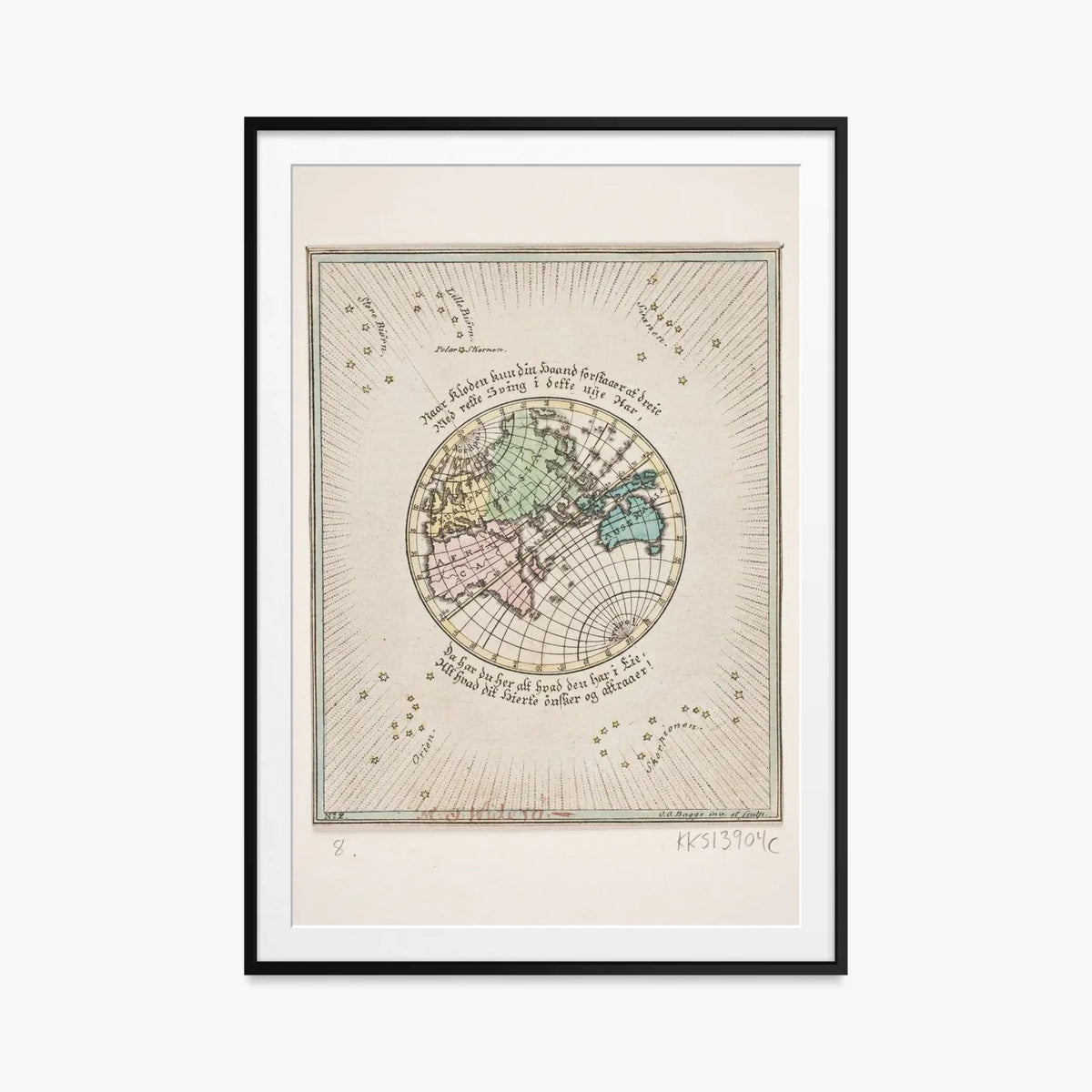 Mappa del Mondo con Poesie - Oluf Olufsen Bagge, opera di Oluf Olufsen Bagge (Illustrazione), stampa con passepartout e cornice nera, 80x115cm