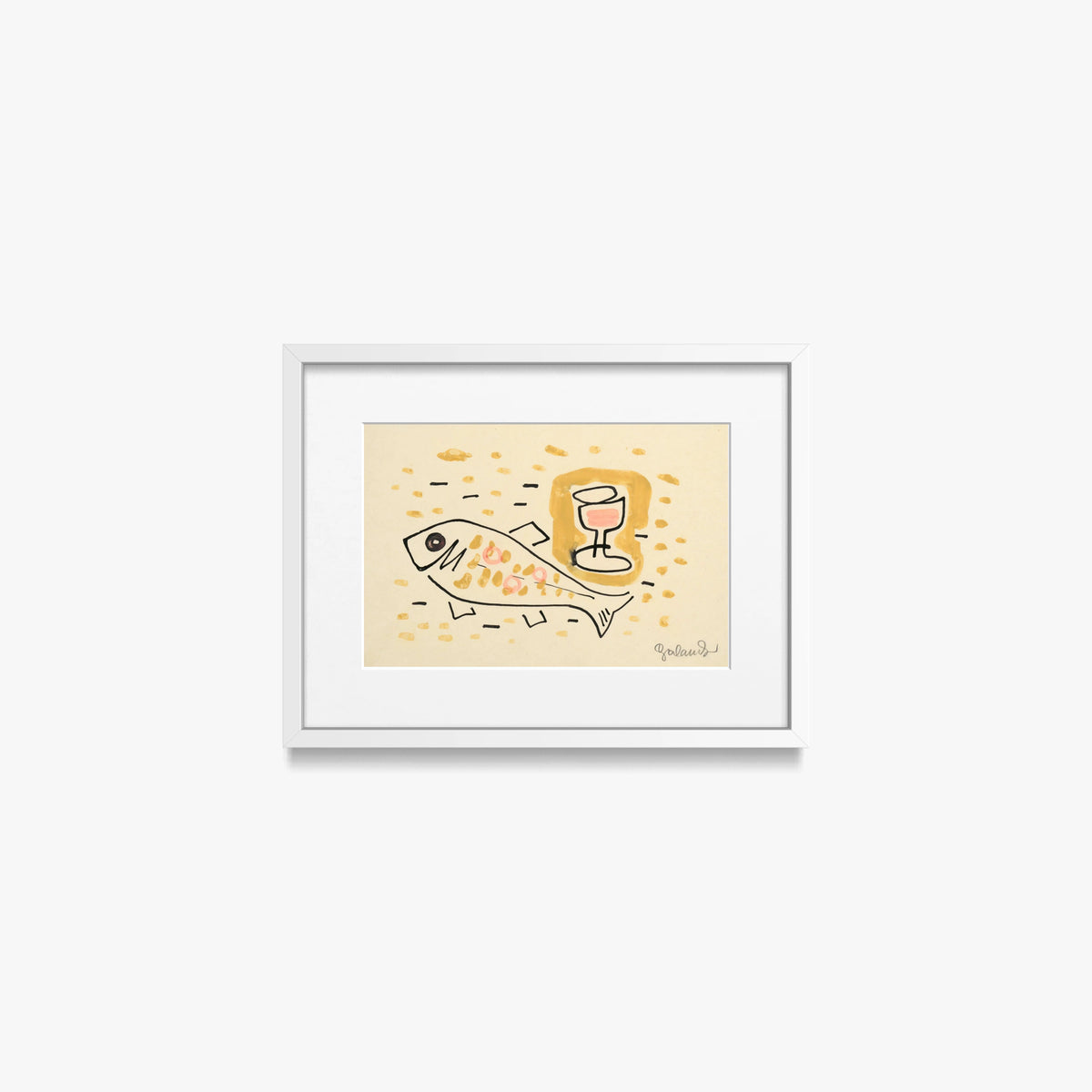 Natura Morta con Pesce - Mikuláš Galanda, opera di Mikuláš Galanda (Avanguardie), stampa con passepartout e cornice bianca, 40x30cm