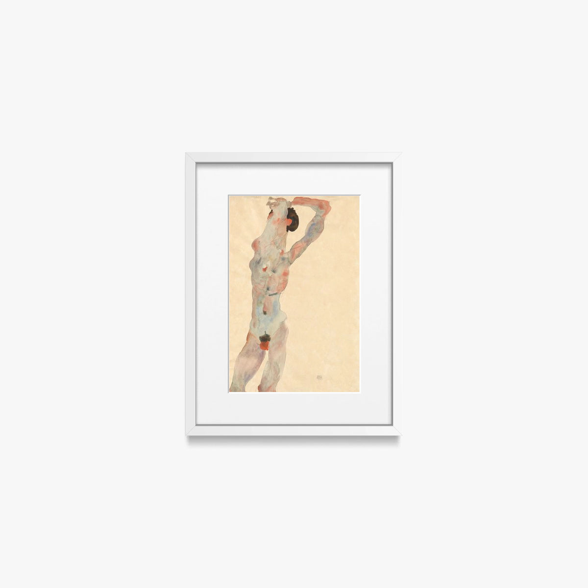 Nudo Maschile - Egon Schiele, opera di Egon Schiele (Espressionismo), stampa con passepartout e cornice bianca, 30x40cm