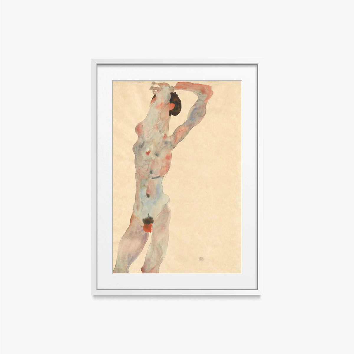 Nudo Maschile - Egon Schiele, opera di Egon Schiele (Espressionismo), stampa con passepartout e cornice bianca, 50x70cm