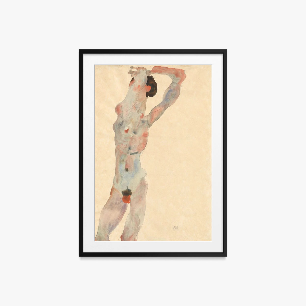 Nudo Maschile - Egon Schiele, opera di Egon Schiele (Espressionismo), stampa con passepartout e cornice nera, 60x85cm