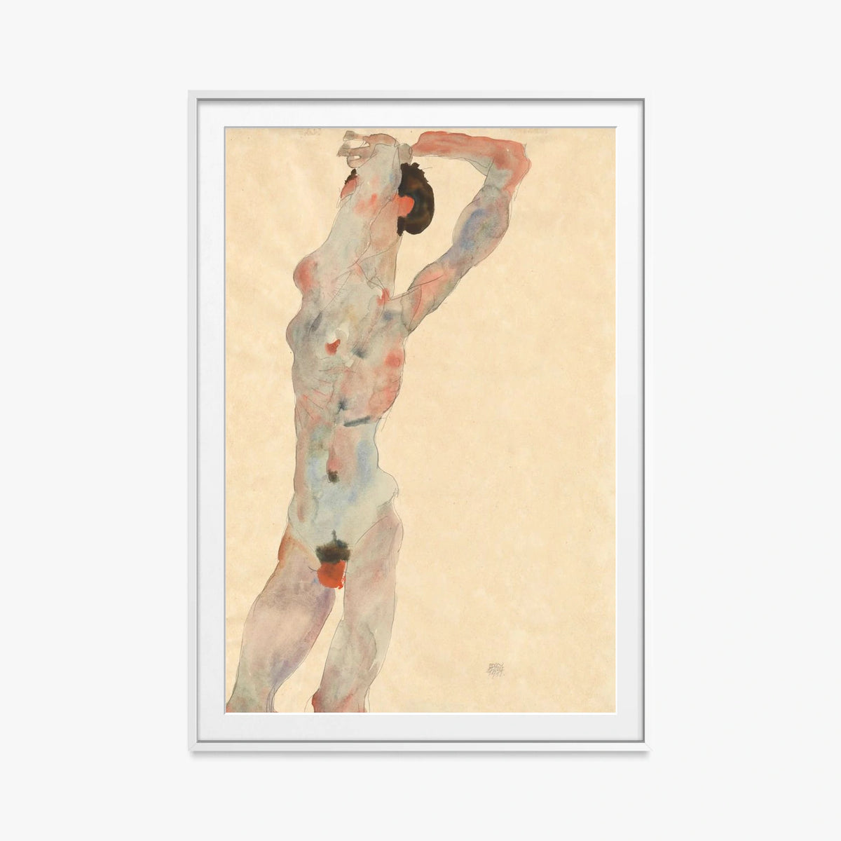 Nudo Maschile - Egon Schiele, opera di Egon Schiele (Espressionismo), stampa con passepartout e cornice bianca, 80x115cm