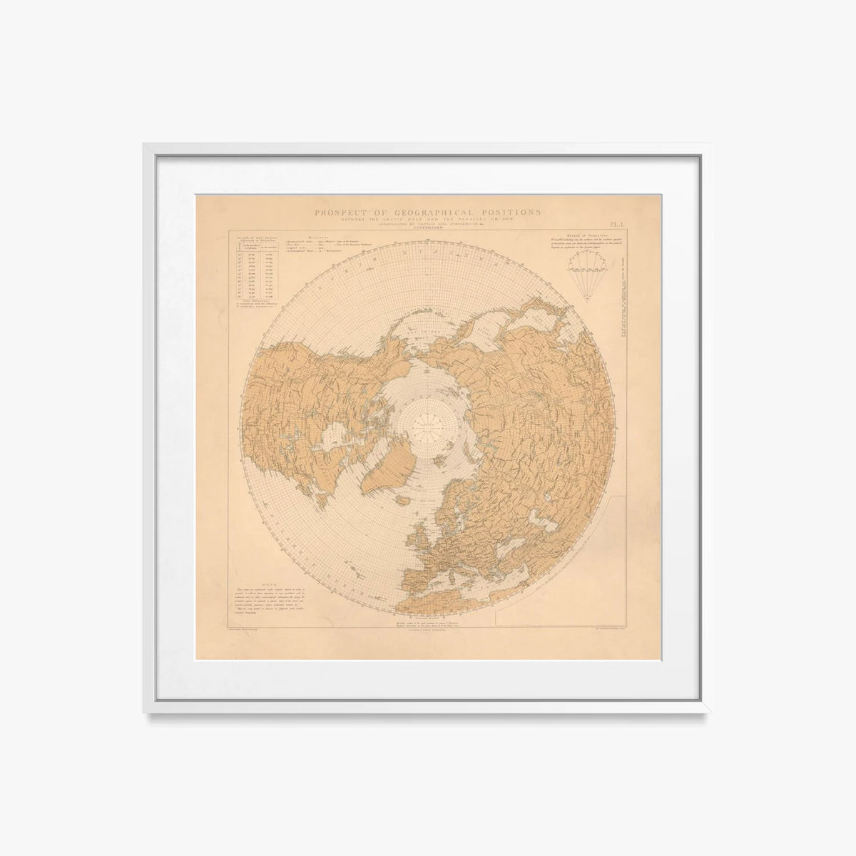 Prospetto Geografico, Polo Artico-30°N - Axel Staggemeier, opera di Axel Staggemeier (Illustrazione), stampa con passepartout e cornice bianca, 50x50cm