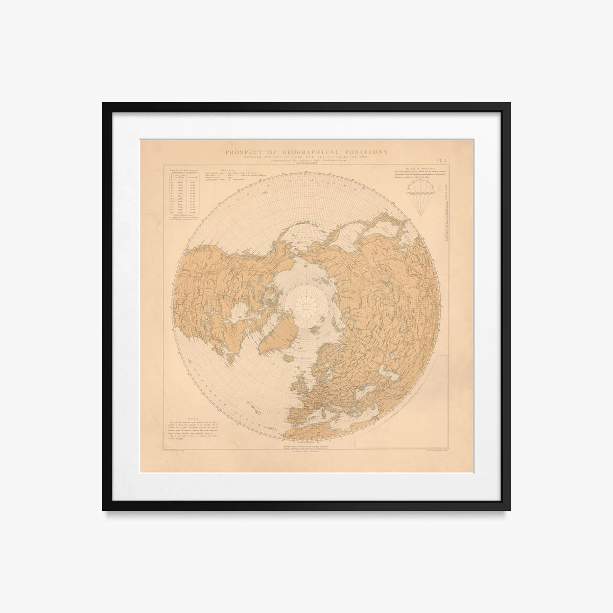 Prospetto Geografico, Polo Artico-30°N - Axel Staggemeier, opera di Axel Staggemeier (Illustrazione), stampa con passepartout e cornice nera, 50x50cm