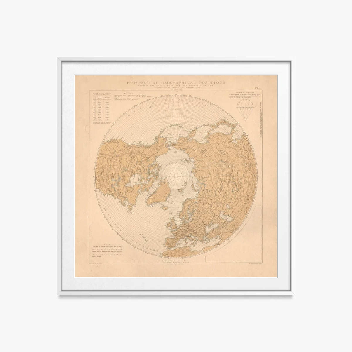 Prospetto Geografico, Polo Artico-30°N - Axel Staggemeier, opera di Axel Staggemeier (Illustrazione), stampa con passepartout e cornice bianca, 60x60cm