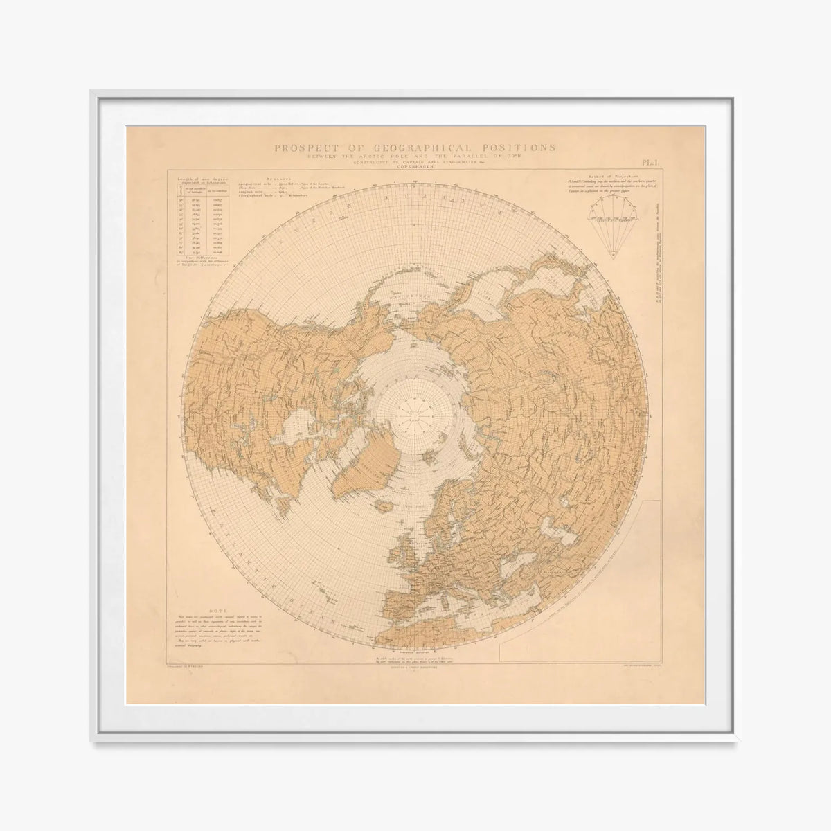 Prospetto Geografico, Polo Artico-30°N - Axel Staggemeier, opera di Axel Staggemeier (Illustrazione), stampa con passepartout e cornice bianca, 80x80cm