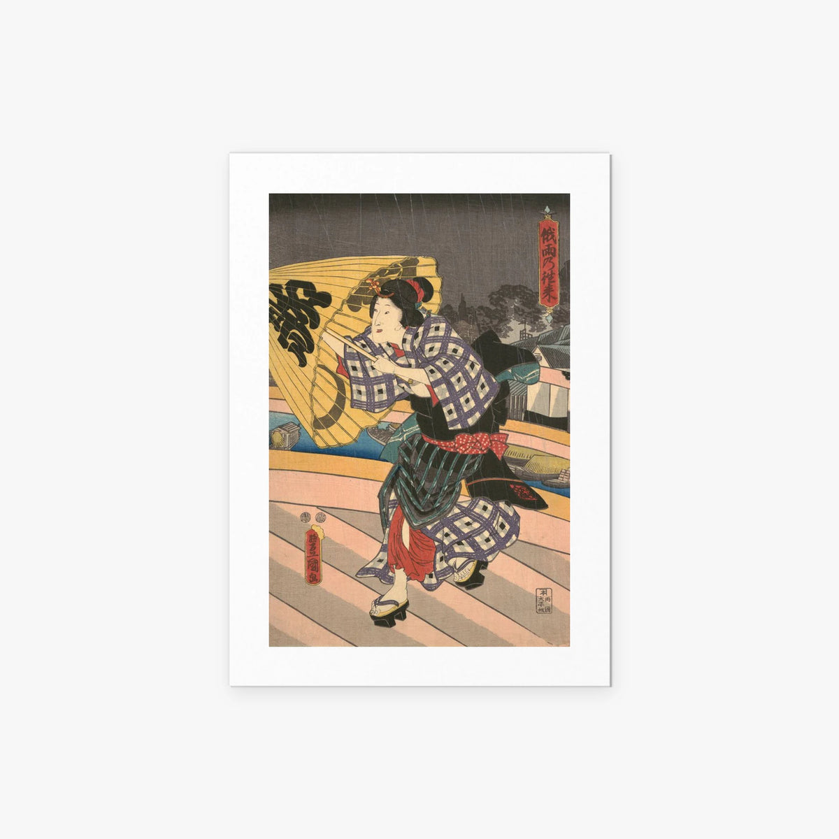 Scena di Pioggia su un Ponte - Utagawa Kunisada, opera di Utagawa Kunisada (Toyokuni III) (Ukiyo-e), stampa artistica su carta, 50x70cm