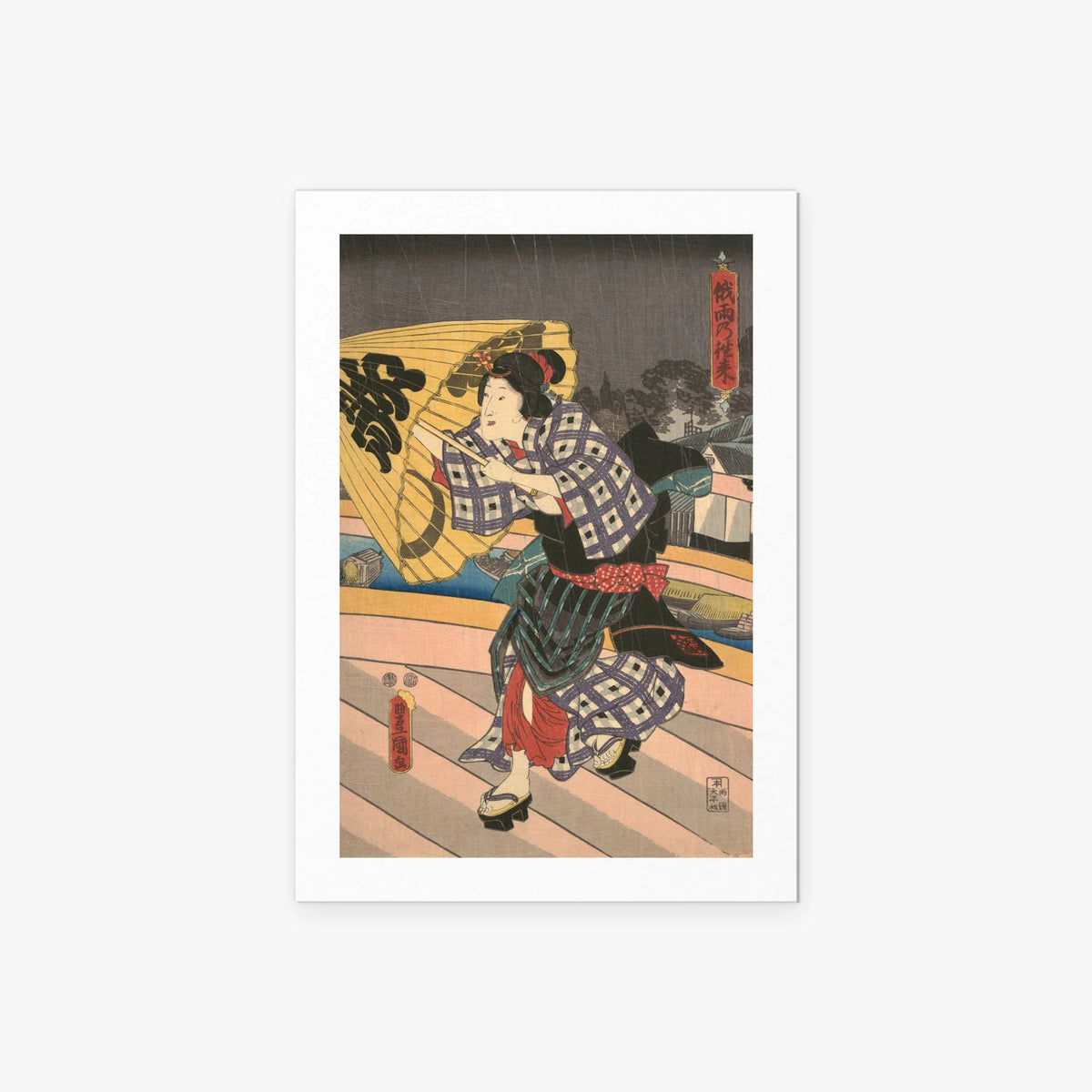 Scena di Pioggia su un Ponte - Utagawa Kunisada, opera di Utagawa Kunisada (Toyokuni III) (Ukiyo-e), stampa artistica su carta, 60x85cm