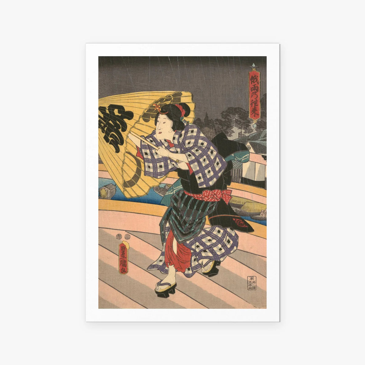 Scena di Pioggia su un Ponte - Utagawa Kunisada, opera di Utagawa Kunisada (Toyokuni III) (Ukiyo-e), stampa artistica su carta, 80x115cm