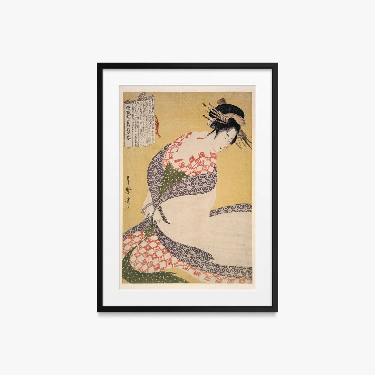 Shira-uchikake – Il Soprabito Bianco - Kitagawa Utamaro, opera di Kitagawa Utamaro (Ukiyo-e), stampa con passepartout e cornice nera, 50x70cm