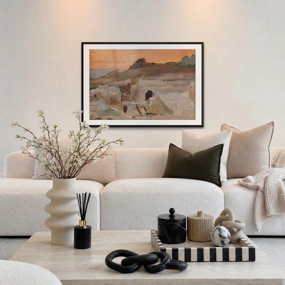Siracusa, Teatro Greco - Jan Ciągliński, opera di Jan Ciągliński: stampa con passepartout e cornice nera 115x80cm appesa in soggiorno sopra il divano