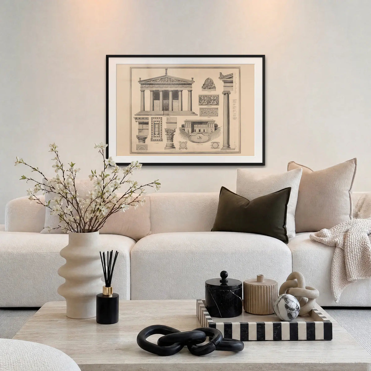 Stile Greco - Ferdinand Hirt & Sohn, opera di Ferdinand Hirt & Sohn: stampa con passepartout e cornice nera 115x80cm appesa in soggiorno sopra il divano