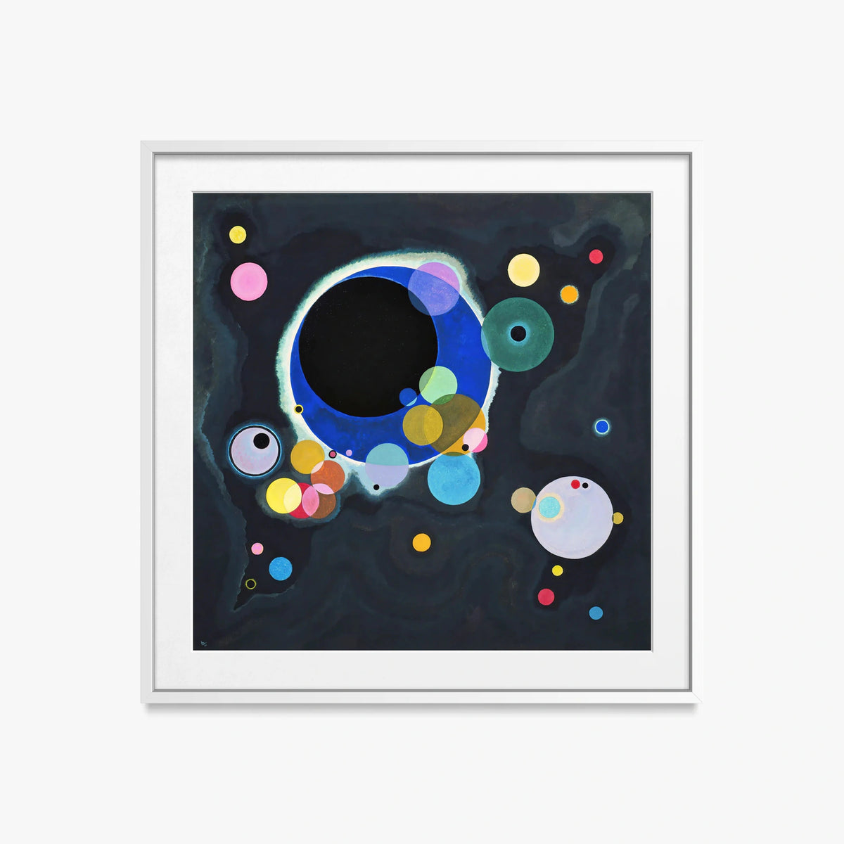 Alcuni Cerchi - Wassily Kandinsky, opera di Wassily Kandinsky (Astrattismo), stampa con passepartout e cornice bianca, 50x50cm