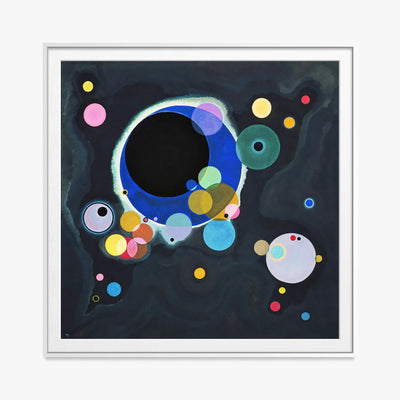 Alcuni Cerchi - Wassily Kandinsky, opera di Wassily Kandinsky (Astrattismo), stampa con passepartout e cornice bianca, 80x80cm
