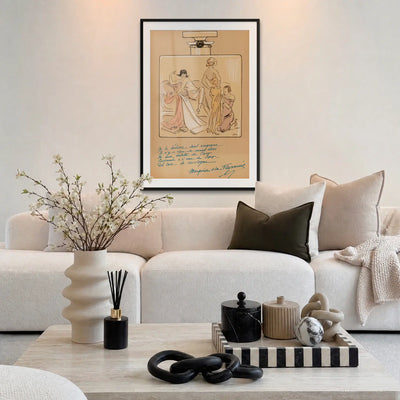 Allo Specchio - Sem, opera di Sem (Georges Goursat): stampa con passepartout e cornice nera 80x115cm appesa in soggiorno sopra il divano