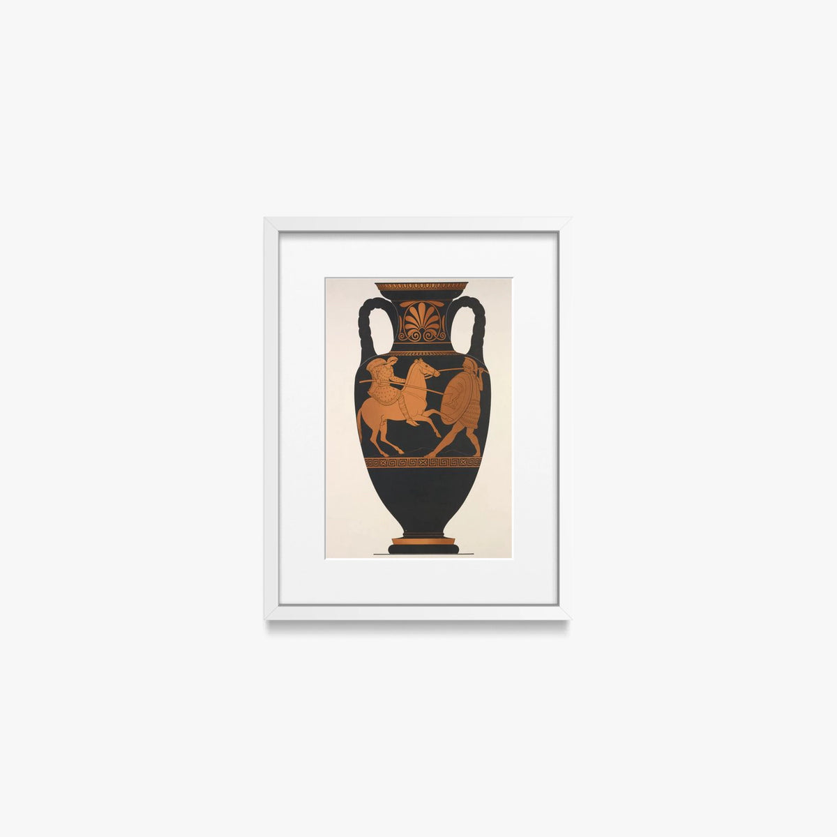 Anfora Attica, Greco e Amazzone in Combattimento - Anonimo, opera di Anonimo (Arte Greca Antica (ceramica attica)), stampa con passepartout e cornice bianca, 30x40cm