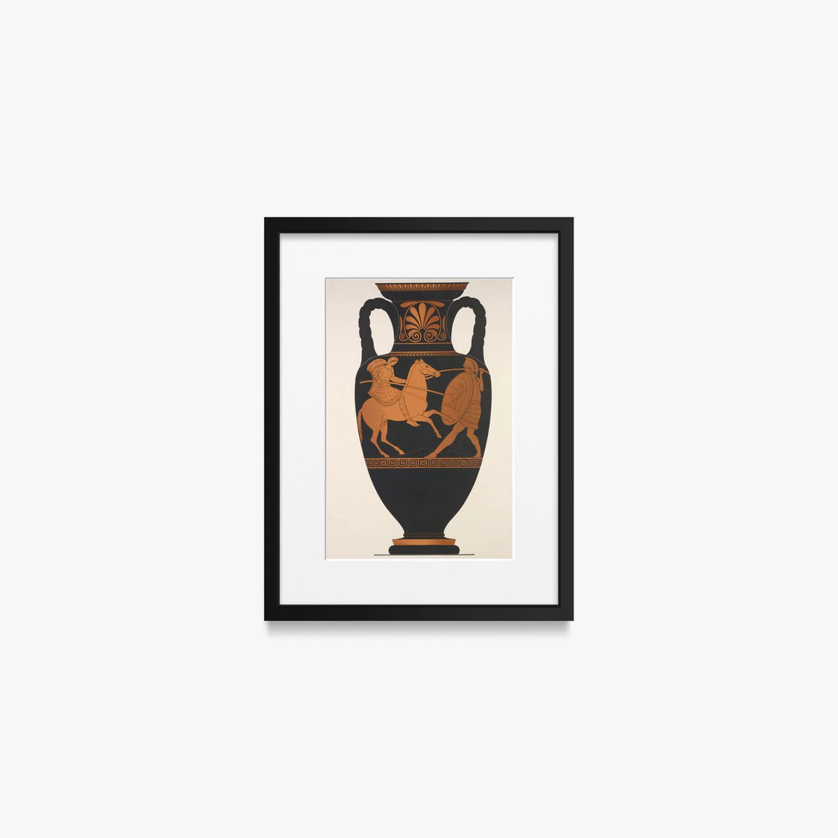 Anfora Attica, Greco e Amazzone in Combattimento - Anonimo, opera di Anonimo (Arte Greca Antica (ceramica attica)), stampa con passepartout e cornice nera, 30x40cm