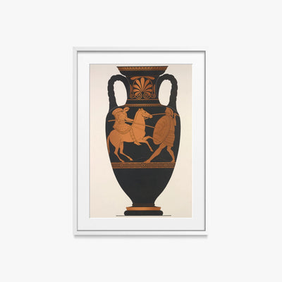 Anfora Attica, Greco e Amazzone in Combattimento - Anonimo, opera di Anonimo (Arte Greca Antica (ceramica attica)), stampa con passepartout e cornice bianca, 50x70cm