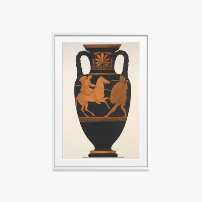 Anfora Attica, Greco e Amazzone in Combattimento - Anonimo, opera di Anonimo (Arte Greca Antica (ceramica attica)), stampa con passepartout e cornice bianca, 60x85cm