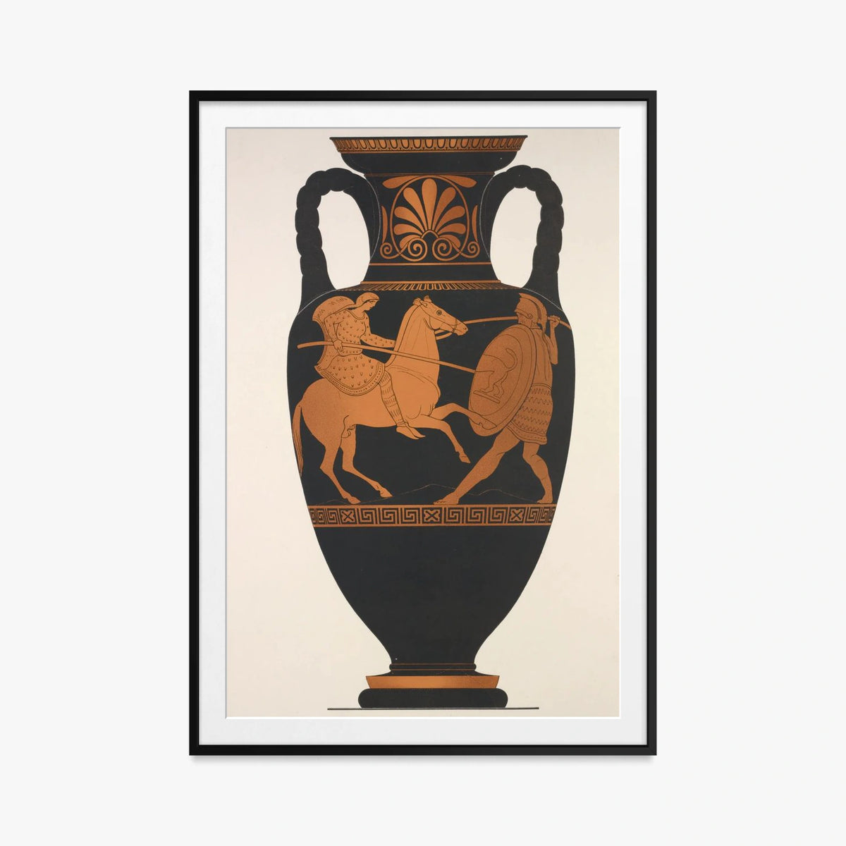 Anfora Attica, Greco e Amazzone in Combattimento - Anonimo, opera di Anonimo (Arte Greca Antica (ceramica attica)), stampa con passepartout e cornice nera, 80x115cm