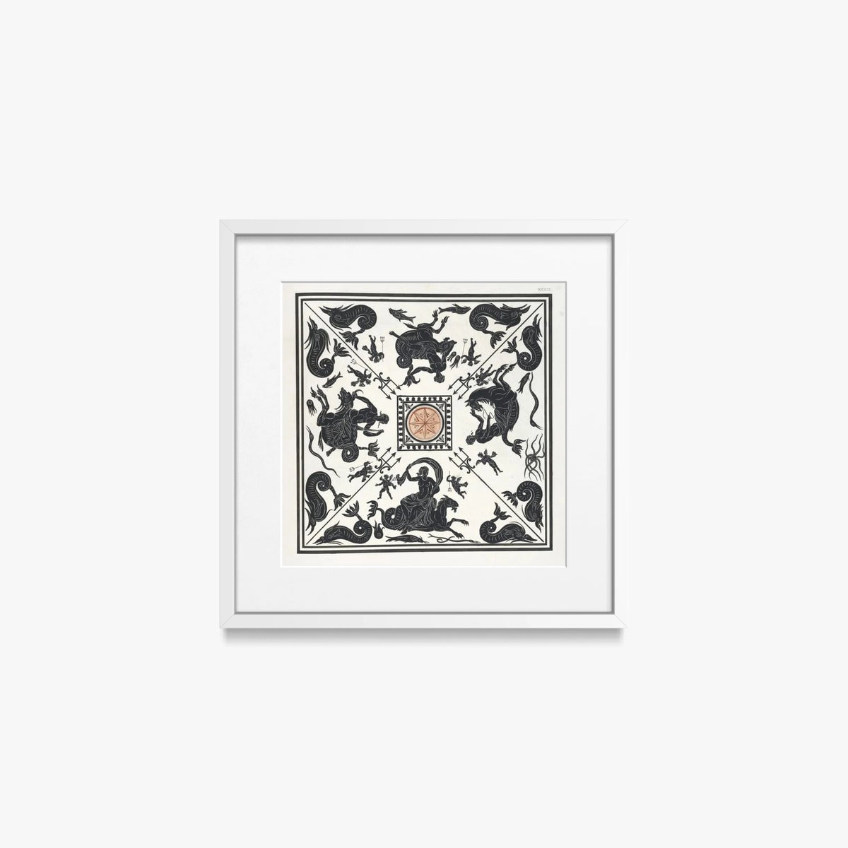 Antico Pavimento a Mosaico Bianco e Nero - Pierre Jean Mariette, opera di Pierre Jean Mariette (Art Nouveau), stampa con passepartout e cornice bianca, 40x40cm