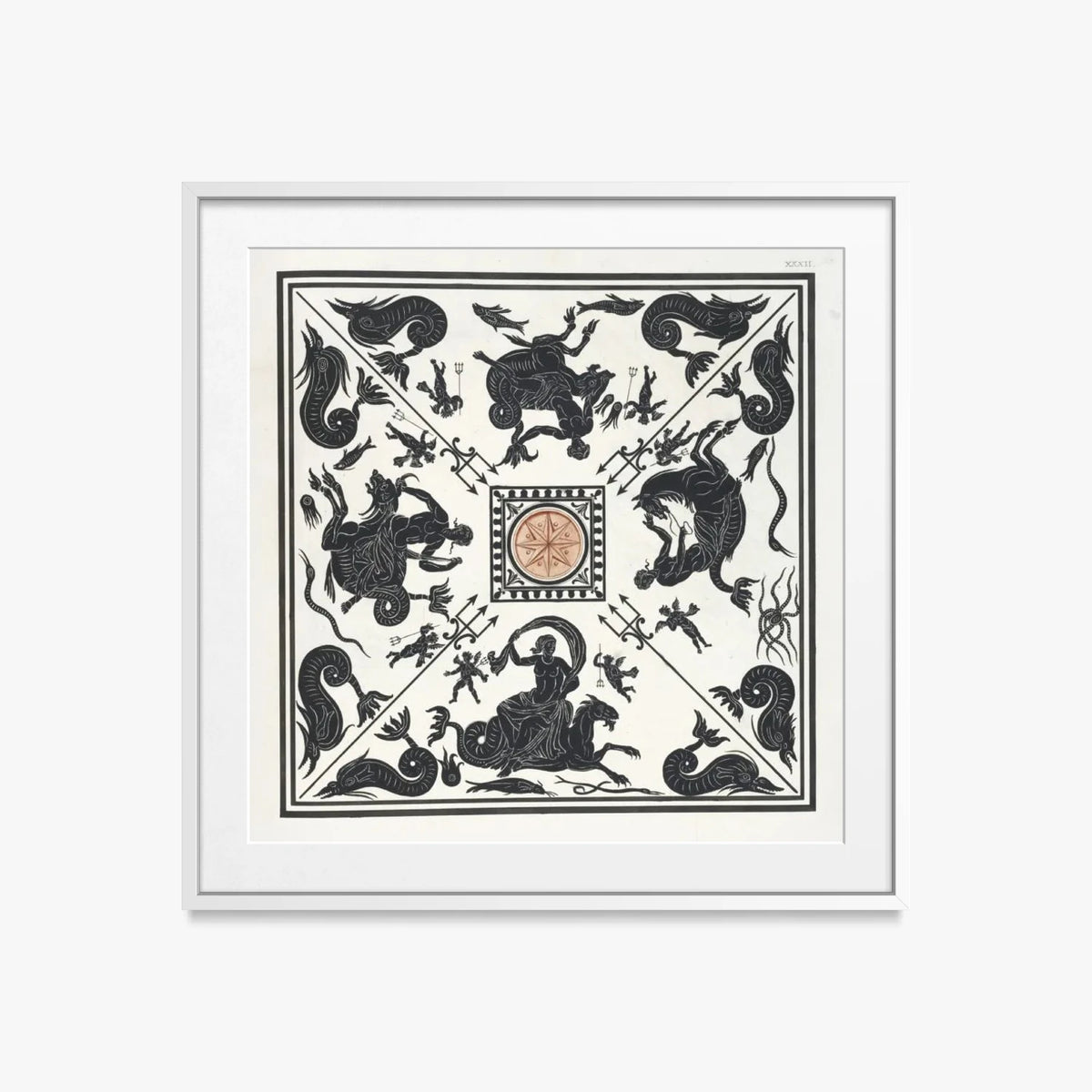 Antico Pavimento a Mosaico Bianco e Nero - Pierre Jean Mariette, opera di Pierre Jean Mariette (Art Nouveau), stampa con passepartout e cornice bianca, 50x50cm