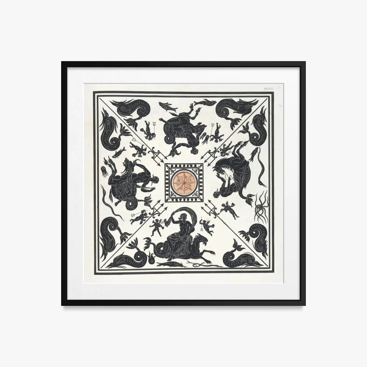 Antico Pavimento a Mosaico Bianco e Nero - Pierre Jean Mariette, opera di Pierre Jean Mariette (Art Nouveau), stampa con passepartout e cornice nera, 50x50cm