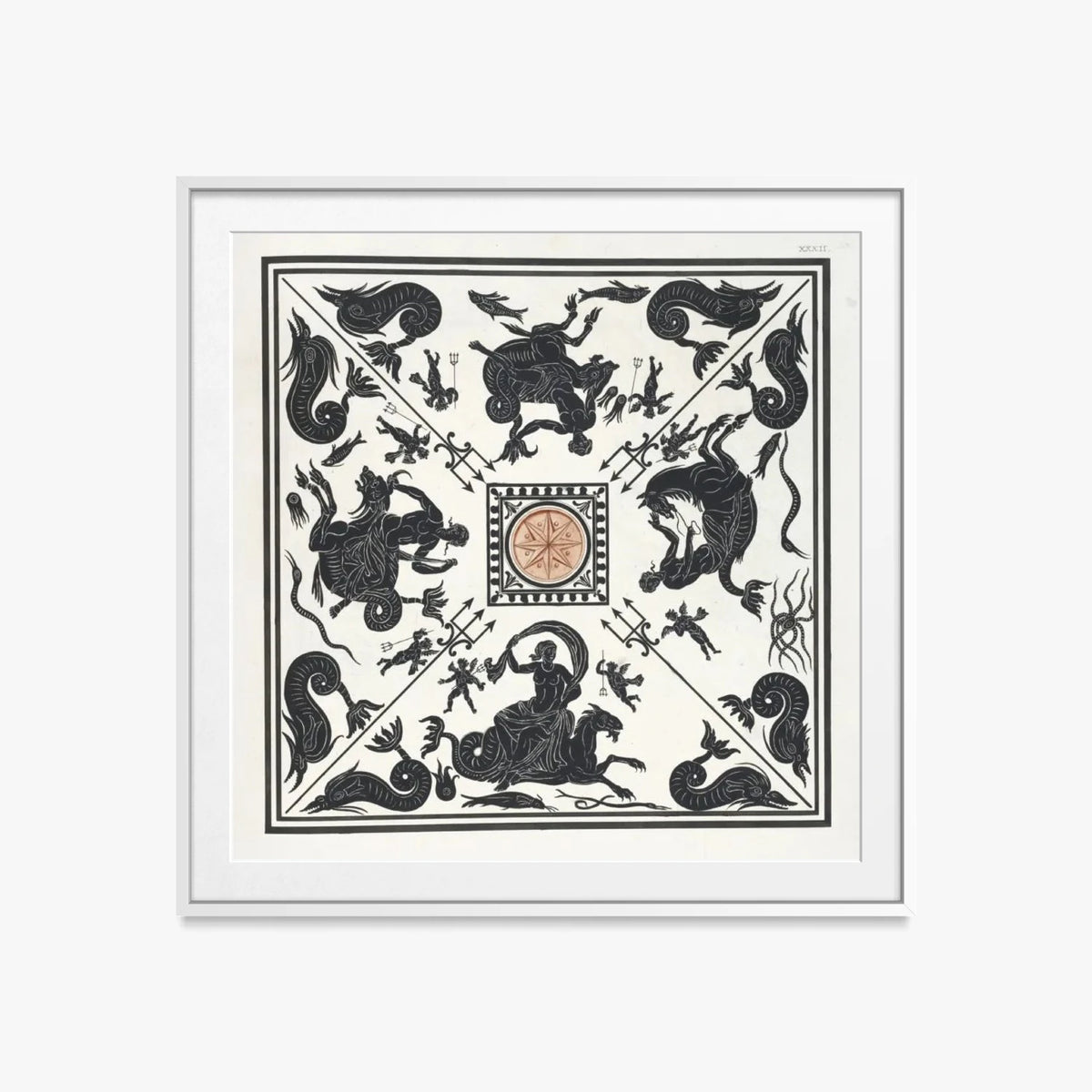 Antico Pavimento a Mosaico Bianco e Nero - Pierre Jean Mariette, opera di Pierre Jean Mariette (Art Nouveau), stampa con passepartout e cornice bianca, 60x60cm