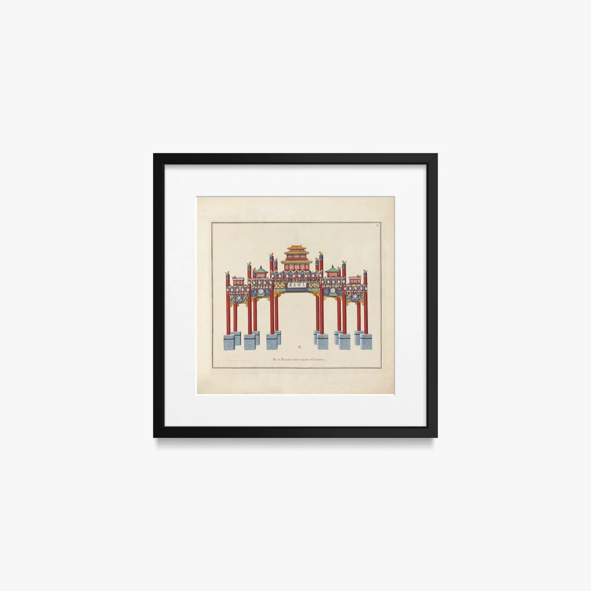 Arco di Trionfo con Fuochi e Lanterne - Arcs de Triomphe et Berceaux Chinois, opera di Arcs de Triomphe et Berceaux Chinois (Art Nouveau), stampa con passepartout e cornice nera, 40x40cm
