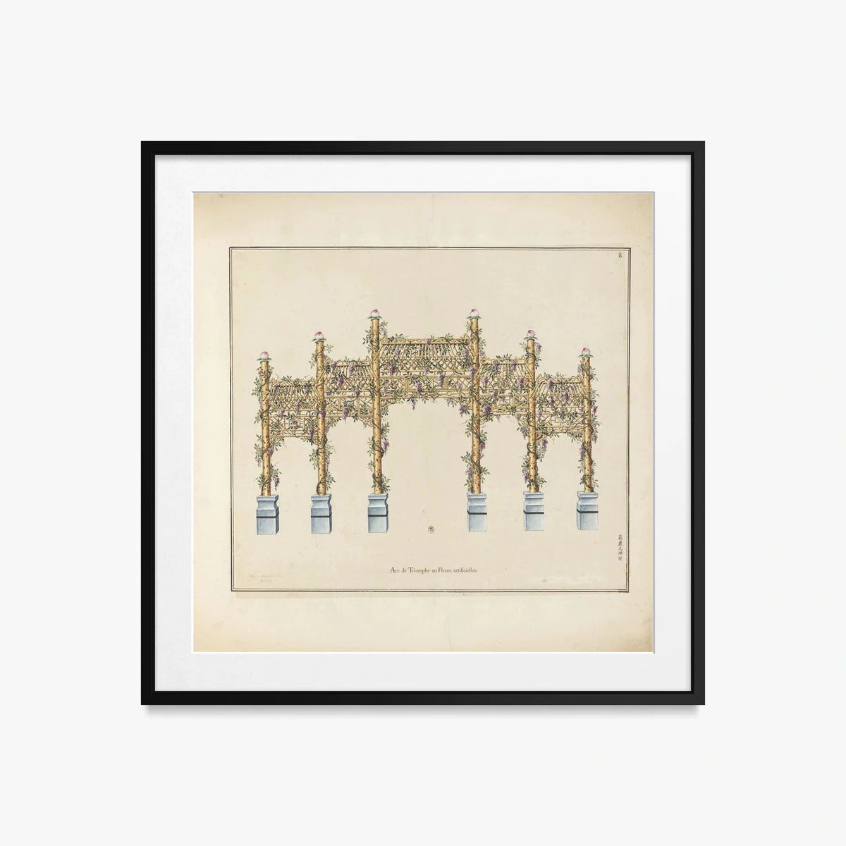 Arco di Trionfo in Fiori Artificiali - Arcs de Triomphe et Berceaux Chinois, opera di Arcs de Triomphe et Berceaux Chinois (Art Nouveau), stampa con passepartout e cornice nera, 50x50cm