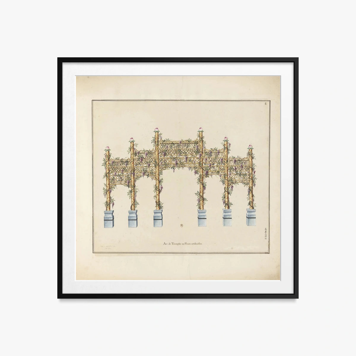 Arco di Trionfo in Fiori Artificiali - Arcs de Triomphe et Berceaux Chinois, opera di Arcs de Triomphe et Berceaux Chinois (Art Nouveau), stampa con passepartout e cornice nera, 60x60cm