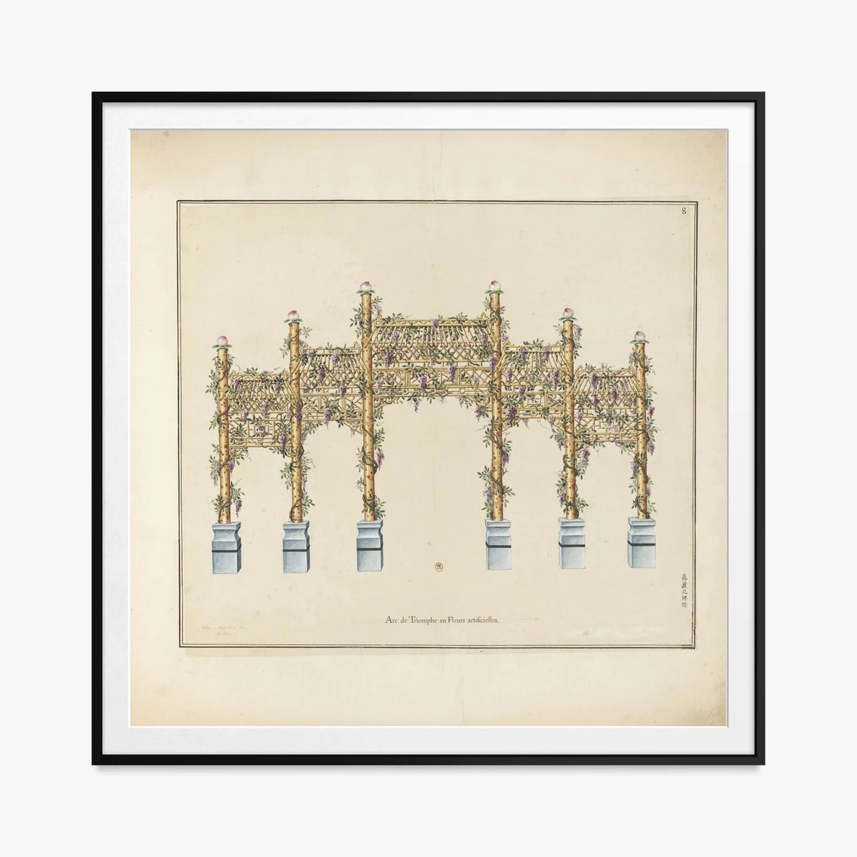 Arco di Trionfo in Fiori Artificiali - Arcs de Triomphe et Berceaux Chinois, opera di Arcs de Triomphe et Berceaux Chinois (Art Nouveau), stampa con passepartout e cornice nera, 80x80cm