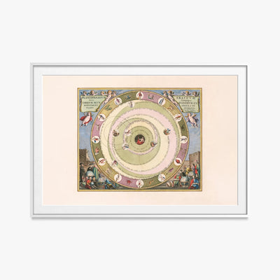 Carta Celeste raffigurante il Modello dell'Universo dell'Astronomo Greco Arato - Andreas Cellarius, opera di Andreas Cellarius (Cartografia), stampa con passepartout e cornice bianca, 115x80cm