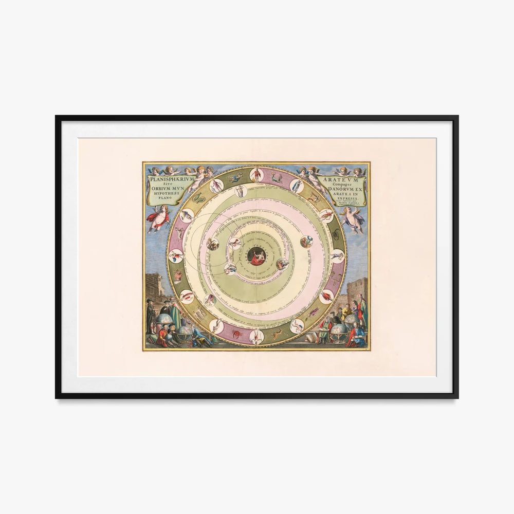 Carta Celeste raffigurante il Modello dell'Universo dell'Astronomo Greco Arato - Andreas Cellarius, opera di Andreas Cellarius (Cartografia), stampa con passepartout e cornice nera, 115x80cm