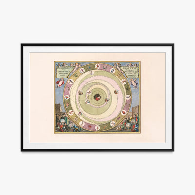 Carta Celeste raffigurante il Modello dell'Universo dell'Astronomo Greco Arato - Andreas Cellarius, opera di Andreas Cellarius (Cartografia), stampa con passepartout e cornice nera, 115x80cm