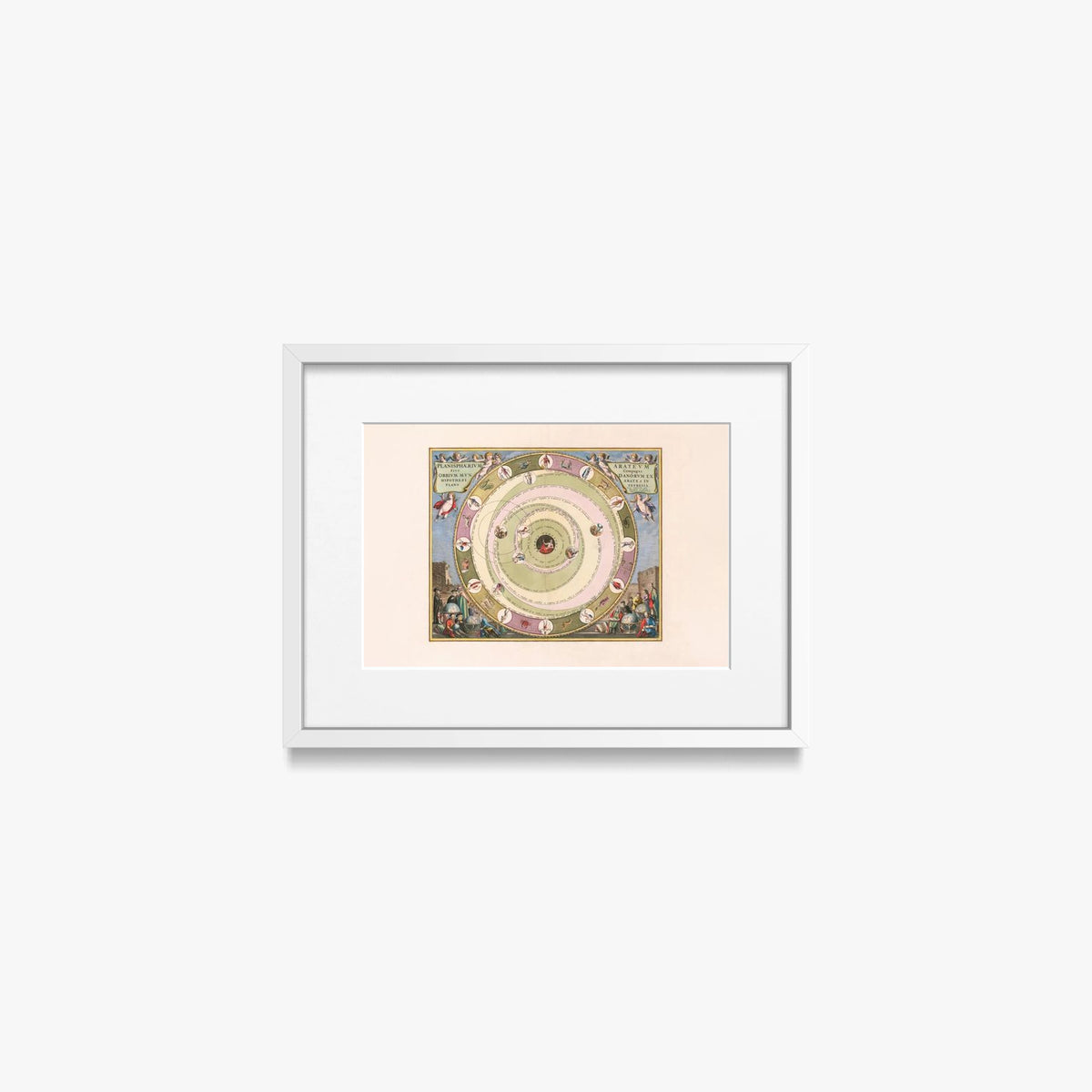 Carta Celeste raffigurante il Modello dell'Universo dell'Astronomo Greco Arato - Andreas Cellarius, opera di Andreas Cellarius (Cartografia), stampa con passepartout e cornice bianca, 40x30cm
