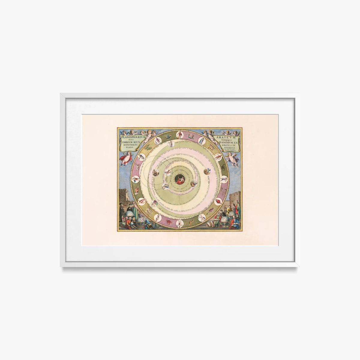 Carta Celeste raffigurante il Modello dell'Universo dell'Astronomo Greco Arato - Andreas Cellarius, opera di Andreas Cellarius (Cartografia), stampa con passepartout e cornice bianca, 70x50cm