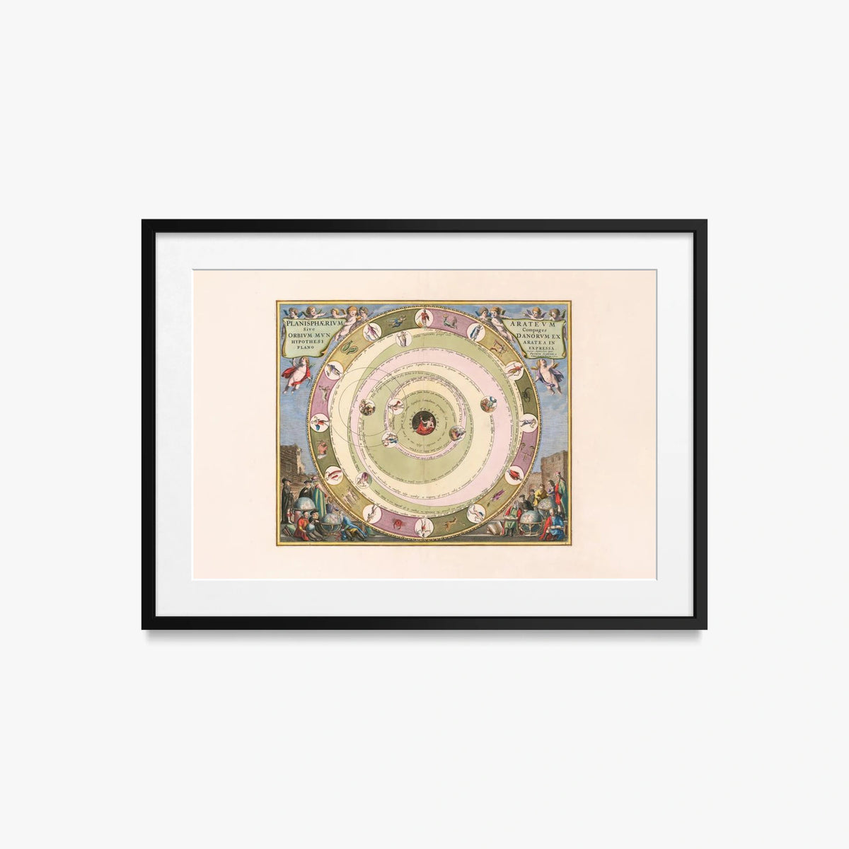 Carta Celeste raffigurante il Modello dell'Universo dell'Astronomo Greco Arato - Andreas Cellarius, opera di Andreas Cellarius (Cartografia), stampa con passepartout e cornice nera, 70x50cm