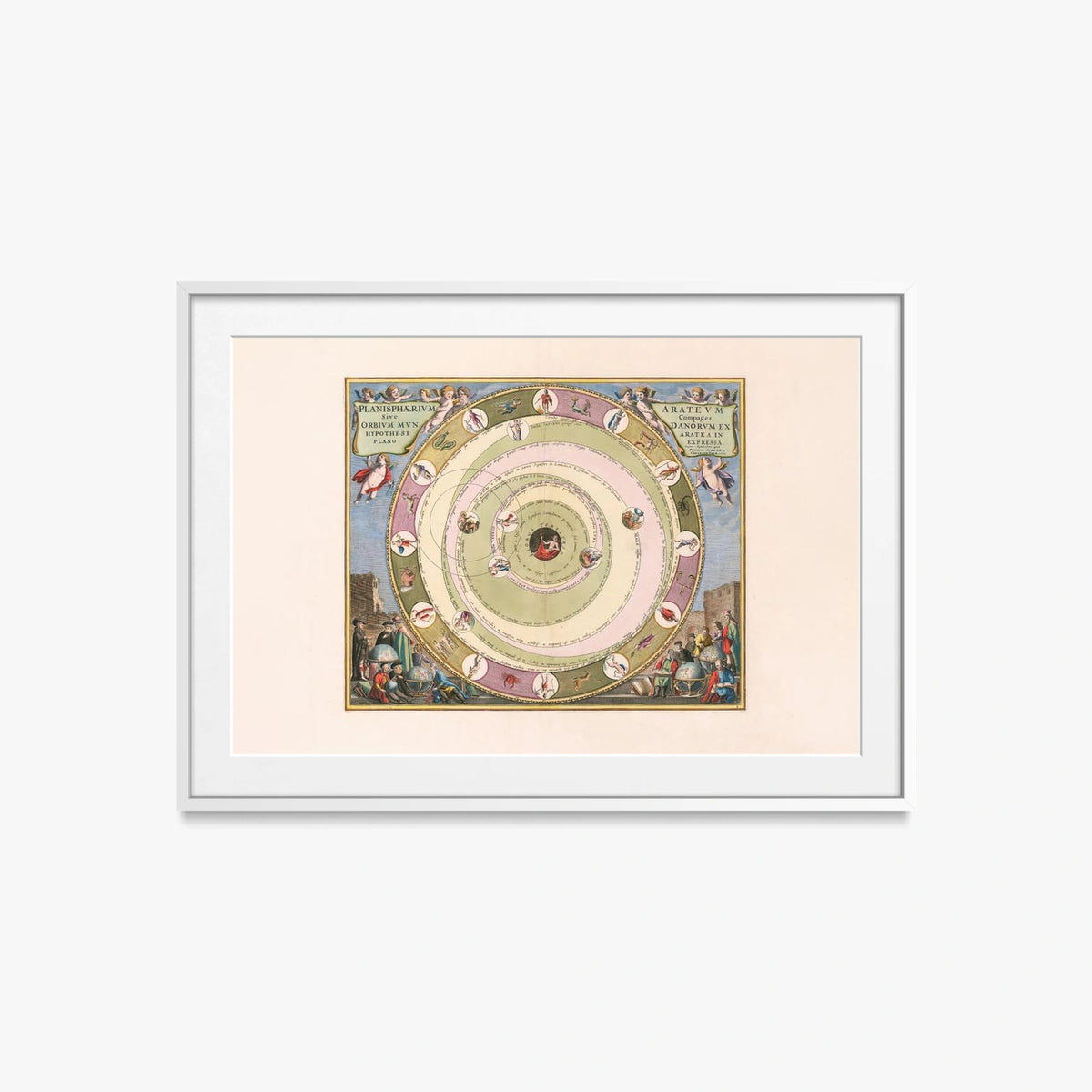 Carta Celeste raffigurante il Modello dell'Universo dell'Astronomo Greco Arato - Andreas Cellarius, opera di Andreas Cellarius (Cartografia), stampa con passepartout e cornice bianca, 85x60cm