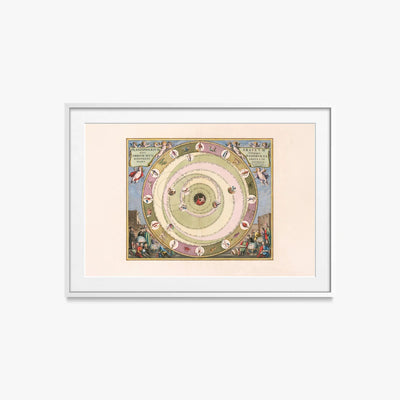 Carta Celeste raffigurante il Modello dell'Universo dell'Astronomo Greco Arato - Andreas Cellarius, opera di Andreas Cellarius (Cartografia), stampa con passepartout e cornice bianca, 85x60cm