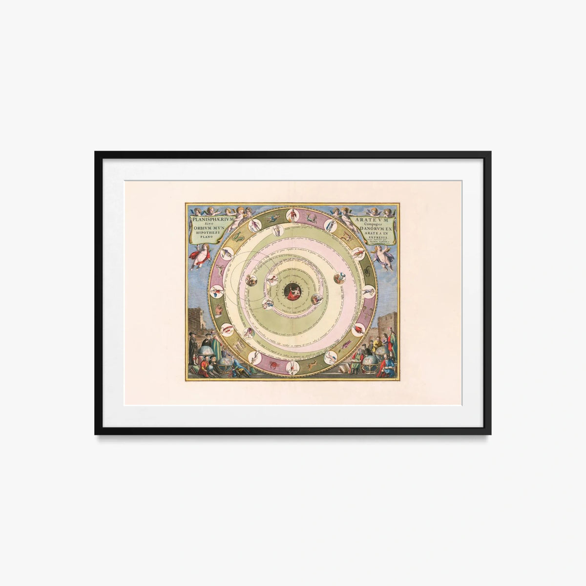 Carta Celeste raffigurante il Modello dell'Universo dell'Astronomo Greco Arato - Andreas Cellarius, opera di Andreas Cellarius (Cartografia), stampa con passepartout e cornice nera, 85x60cm