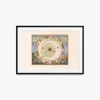 Carta Celeste raffigurante il Modello dell'Universo dell'Astronomo Greco Arato - Andreas Cellarius, opera di Andreas Cellarius (Cartografia), stampa con passepartout e cornice nera, 85x60cm