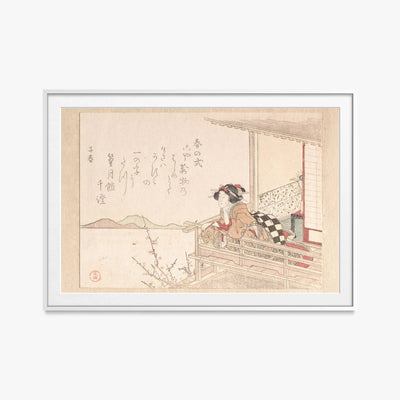 Cortigiana alla Ringhiera di una Veranda - Kubo Shunman, opera di Kubo Shunman (Ukiyo-e), stampa con passepartout e cornice bianca, 115x80cm