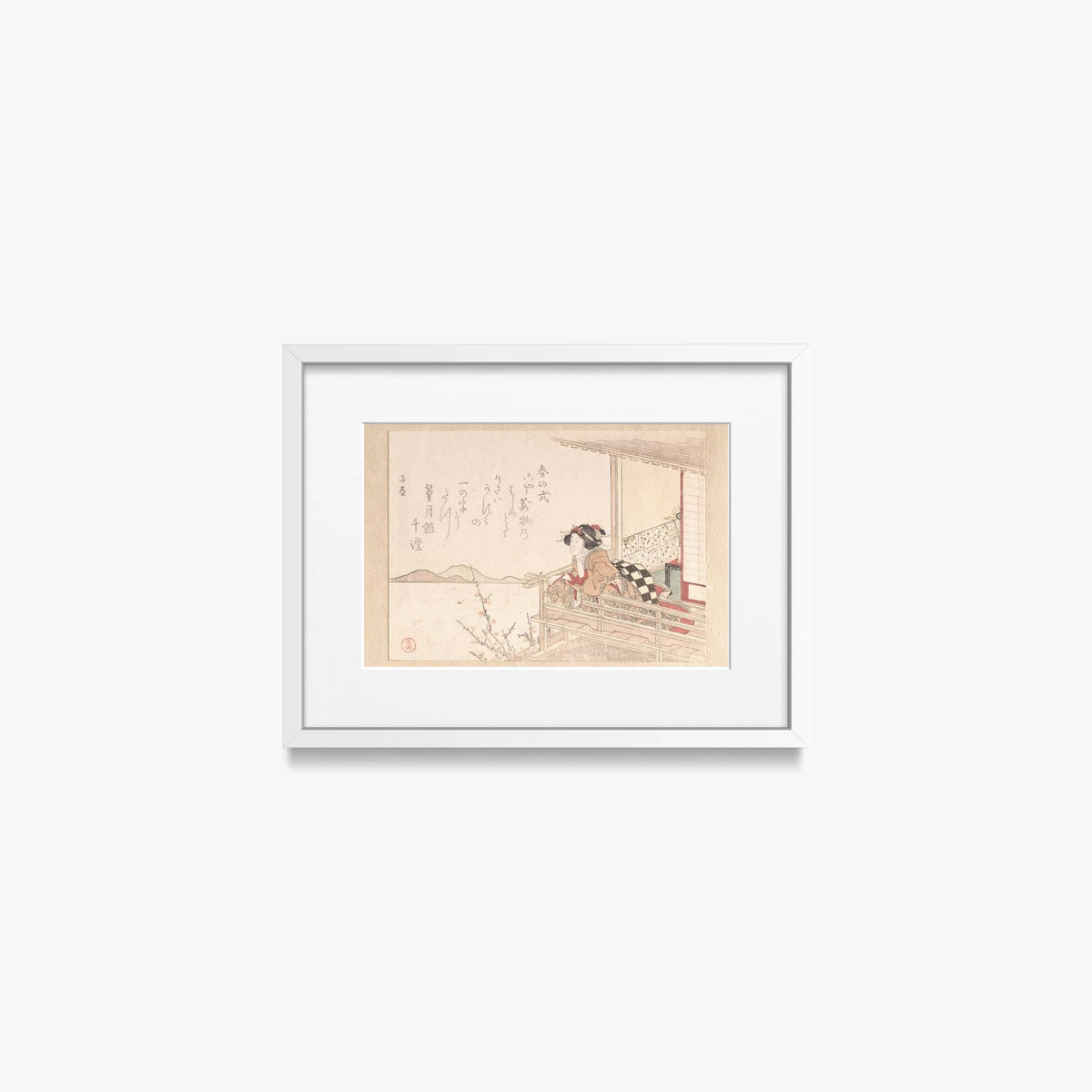Cortigiana alla Ringhiera di una Veranda - Kubo Shunman, opera di Kubo Shunman (Ukiyo-e), stampa con passepartout e cornice bianca, 40x30cm