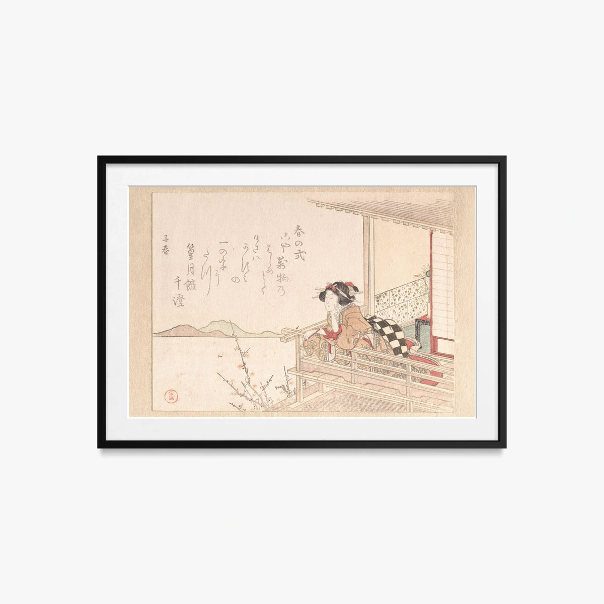 Cortigiana alla Ringhiera di una Veranda - Kubo Shunman, opera di Kubo Shunman (Ukiyo-e), stampa con passepartout e cornice nera, 85x60cm