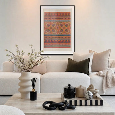 Decorazione Araba, Tav. 6 - Marpon et Flammarion, opera di Marpon et Flammarion: stampa con passepartout e cornice nera 80x115cm appesa in soggiorno sopra il divano