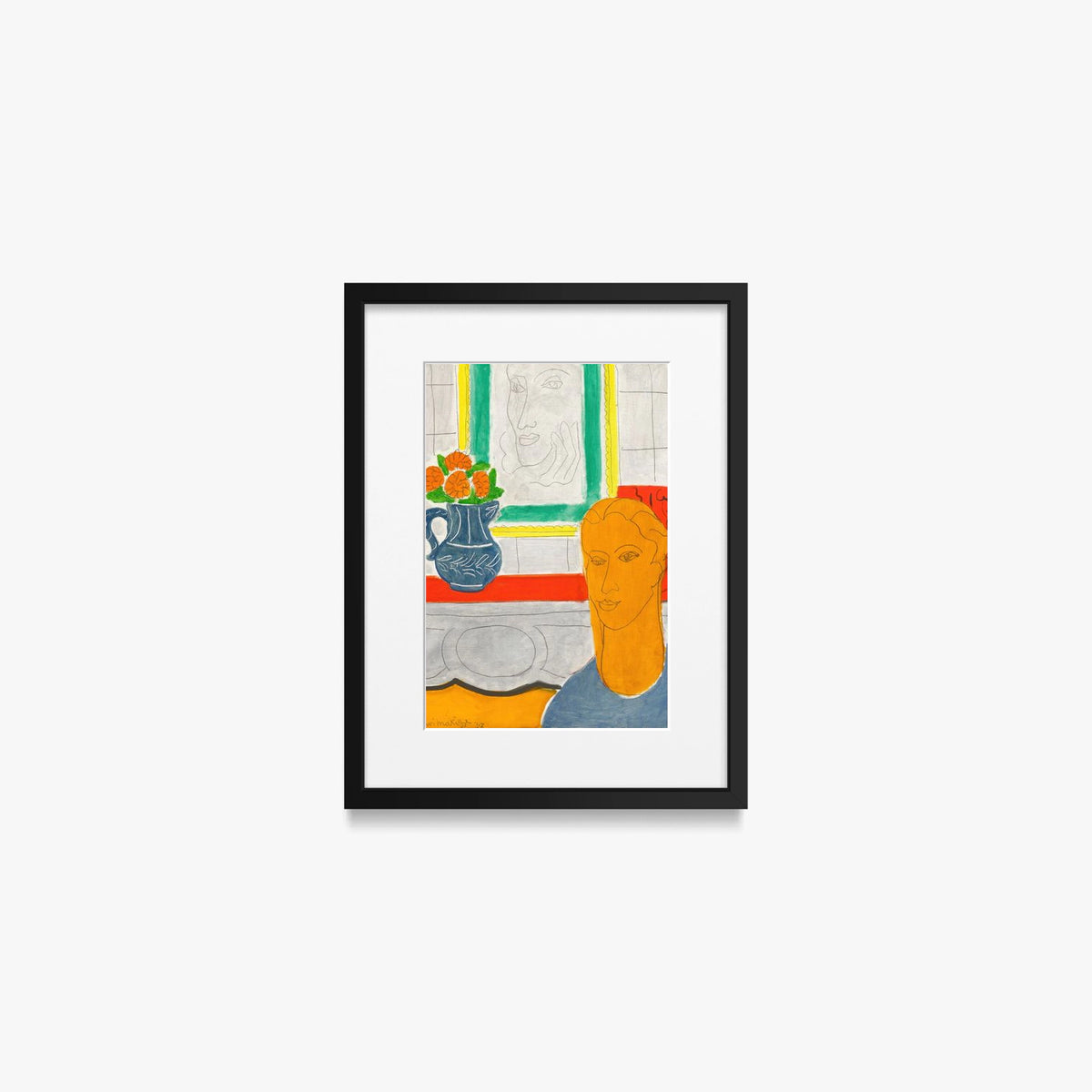 Figura e Mazzo di Fiori (Testa Ocra) - Henri Matisse, opera di Henri Matisse (Art Déco), stampa con passepartout e cornice nera, 30x40cm