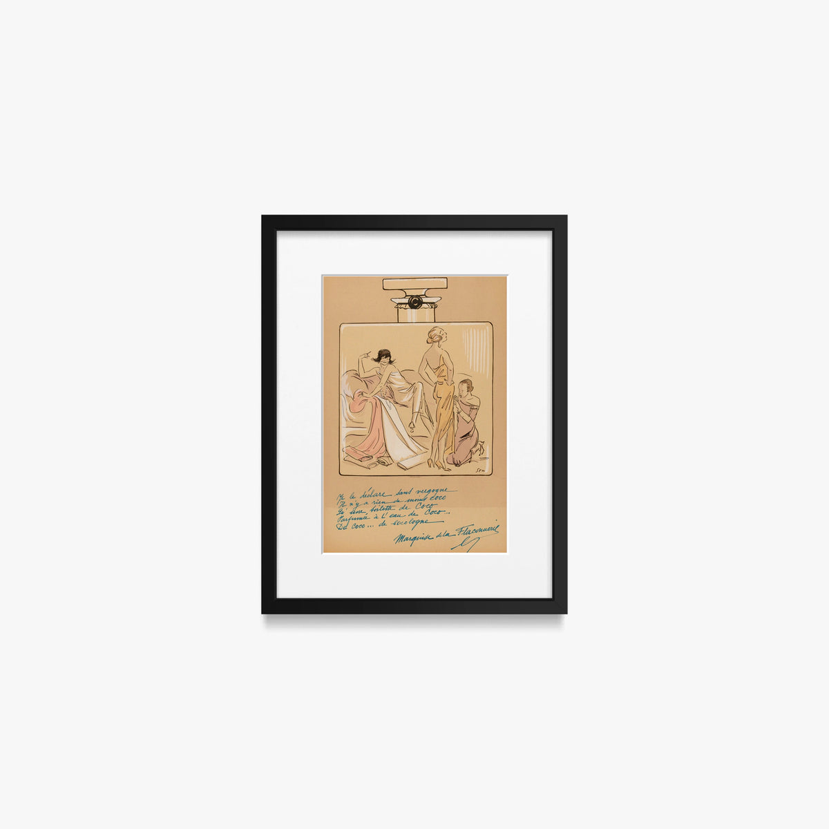 Flacone di Profumo, Coco Chanel - Sem, opera di Sem (Georges Goursat) (Illustrazione), stampa con passepartout e cornice nera, 30x40cm